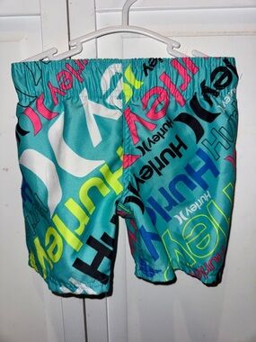 Hurley Teal Swim Shorts with Multicolor Logo Print